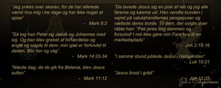 ”Jeg ynkes over skaren, for de har allerede
været hos mig i tre dage og har ikke noget at
spise”
- Mark 8:2
”Så tog han Peter og Jakob og Johannes med
sig. Og han blev grebet af forfærdelse og
angst og sagde til dem: min sjæl er fortvivlet til
døden. Bliv her og våg”
- Mark 14:33-34
”Næste dag, da de gik fra Betania, blev Jesus
sulten”
- Mark 11:12
”Da lavede Jesus sig en pisk af reb og jog alle
fårerne og køerne ud. Han vendte bunden i
vejret på valutahandlernes pengeposer og
væltede deres borde. Til dem, der solgte duer
råbte han: ”Pak jeres ting sammen og
forsvind! I må ikke gøre min Fars hus til en
markedsplads”
- Joh 2:15-16
”I samme stund jublede Jesus i Helligånden”
- Luk 10:21
”Jesus brast i gråd”
- Joh 11:35
 