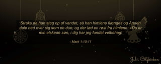 Straks da han steg op af vandet, så han himlene flænges og Ånden
dale ned over sig som en due; og der lød en røst fra himlene: »Du er
min elskede søn, i dig har jeg fundet velbehag!
- Mark 1:10-11
 