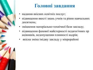 Головні завдання
• надання якісних освітніх послуг;
• підвищення якості знань учнів та рівня навчальних
досягнень;
• зміцнення матеріально-технічної бази закладу;
• підвищення фахової майстерності педагогічних пр
ацівників, недопущення плинності кадрів;
• якісна зміна іміджу закладу у мікрорайоні
 