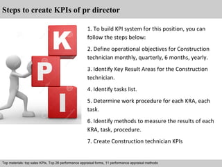 Steps to create KPIs of pr director 
1. To build KPI system for this position, you can 
follow the steps below: 
2. Define operational objectives for Construction 
technician monthly, quarterly, 6 months, yearly. 
3. Identify Key Result Areas for the Construction 
technician. 
4. Identify tasks list. 
5. Determine work procedure for each KRA, each 
task. 
6. Identify methods to measure the results of each 
KRA, task, procedure. 
7. Create Construction technician KPIs 
Top materials: top sales KPIs, Top 28 performance appraisal forms, 11 performance appraisal methods 
Interview questions and answers – free download/ pdf and ppt file 
 