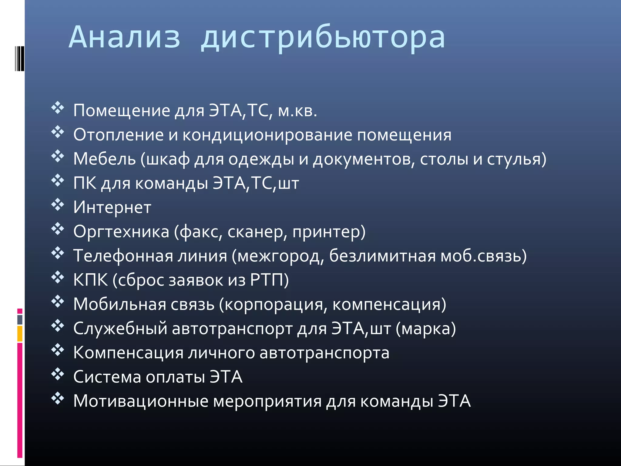 Анализ дистрибьютора
 Помещение для ЭТА,ТС, м.кв.
 Отопление и кондиционирование помещения
 Мебель (шкаф для одежды и документов, столы и стулья)
 ПК для команды ЭТА,ТС,шт
 Интернет
 Оргтехника (факс, сканер, принтер)
 Телефонная линия (межгород, безлимитная моб.связь)
 КПК (сброс заявок из РТП)
 Мобильная связь (корпорация, компенсация)
 Служебный автотранспорт для ЭТА,шт (марка)
 Компенсация личного автотранспорта
 Система оплаты ЭТА
 Мотивационные мероприятия для команды ЭТА
 