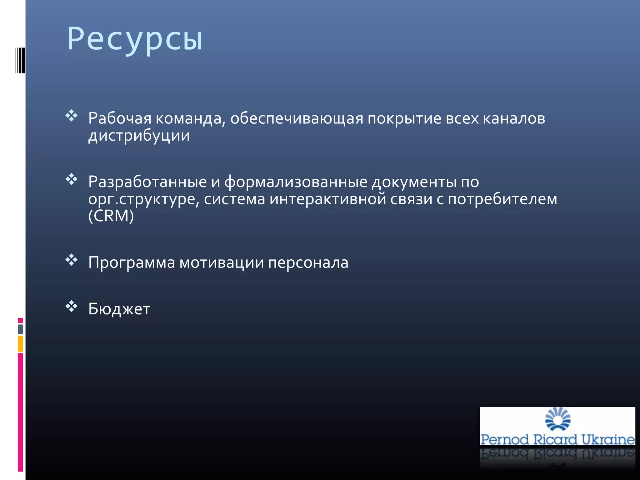 Ресурсы
 Рабочая команда, обеспечивающая покрытие всех каналов
дистрибуции
 Разработанные и формализованные документы по
орг.структуре, система интерактивной связи с потребителем
(CRM)
 Программа мотивации персонала
 Бюджет
 