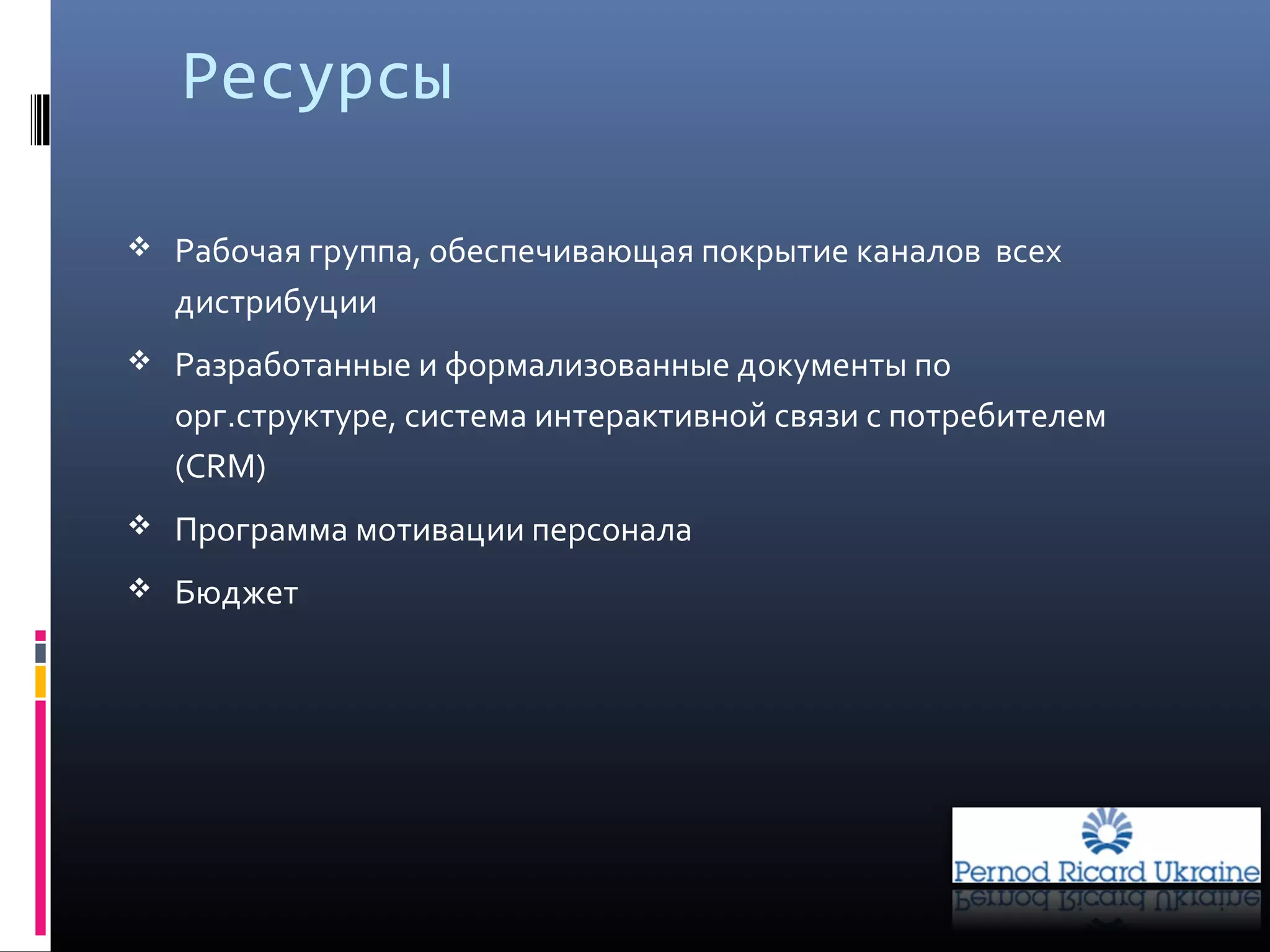Ресурсы
 Рабочая группа, обеспечивающая покрытие каналов всех
дистрибуции
 Разработанные и формализованные документы по
орг.структуре, система интерактивной связи с потребителем
(CRM)
 Программа мотивации персонала
 Бюджет
 