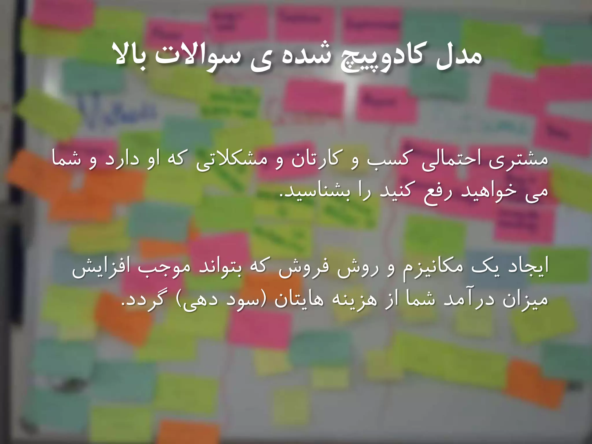 ‫باال‬ ‫سواالت‬ ‫ى‬ ‫شده‬ ‫كادوپیچ‬ ‫مدل‬
‫مشترى‬‫كارتان‬ ‫و‬ ‫كسب‬ ‫احتمالى‬‫مشكالتى‬ ‫و‬‫شما‬ ‫و‬ ‫دارد‬ ‫او‬ ‫كه‬
‫مى‬‫بشناسید‬ ‫را‬ ‫كنید‬ ‫رفع‬ ‫خواهید‬.
‫يك‬ ‫ايجاد‬‫فروش‬ ‫روش‬ ‫و‬ ‫مكانیزم‬‫بتواند‬ ‫كه‬‫افزايش‬ ‫موجب‬
‫هايتان‬ ‫هزينه‬ ‫از‬ ‫شما‬ ‫درآمد‬ ‫میزان‬(‫دهى‬ ‫سود‬)‫گردد‬.
 