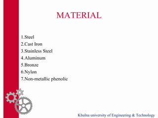 MATERIAL
1.Steel
2.Cast Iron
3.Stainless Steel
4.Aluminum
5.Bronze
6.Nylon
7.Non-metallic phenolic
Khulna university of Engineering & Technology
 