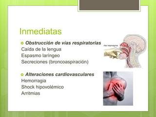 Inmediatas
 Obstrucción de vías respiratorias
Caída de la lengua
Espasmo laríngeo
Secreciones (broncoaspiración)
 Alteraciones cardiovasculares
Hemorragia
Shock hipovolémico
Arritmias
 