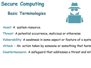 Secure Computing
Asset: A system resource.
Threat: A potential occurrence, malicious or otherwise
Vulnerability: A weakness in some aspect or feature of a syste
Attack : An action taken by someone or something that harm
Countermeasure: A safeguard that addresses a threat and mit
Basic Terminologies
 