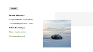 Conclusion
Internal Advantages:
Unique power exchange system
Attractive Organization Culture
External Advantages:
Huge potential market
Government support
 