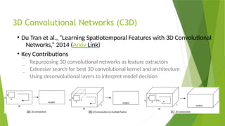 3D Convolutional Networks (C3D)
• Du Tran et al., “Learning Spatiotemporal Features with 3D Convolutional
Networks,” 2014 (Arxiv Link)
• Key Contributions
 Repurposing 3D convolutional networks as feature extractors
 Extensive search for best 3D convolutional kernel and architecture
 Using deconvolutional layers to interpret model decision
 