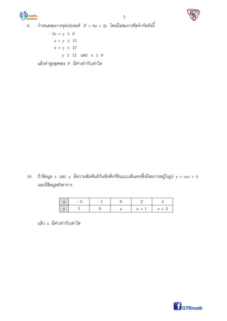 5
9. กําหนดสมการจุดประสงค์ P = 8x + 2y โดยมีอสมการข้อจํากัดดังนี
– 2x + y  0
x + y  15
x + y  27
y  12 และ x  0
แล้วค่าสูงสุดของ P มีค่าเท่ากับเท่าใด
10. ถ้าข้อมูล x และ y มีความสัมพันธ์กันเชิงฟังก์ชันแบบเส้นตรงซึงมีสมการอยู่ในรูป y = mx + 4
และมีข้อมูลดังตาราง
x – 3 – 1 0 2 4
y 5 0 a a + 1 a + 3
แล้ว a มีค่าเท่ากับเท่าใด
 