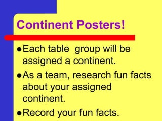 Continent Posters!
Each table group will be
assigned a continent.
As a team, research fun facts
about your assigned
continent.
Record your fun facts.
 