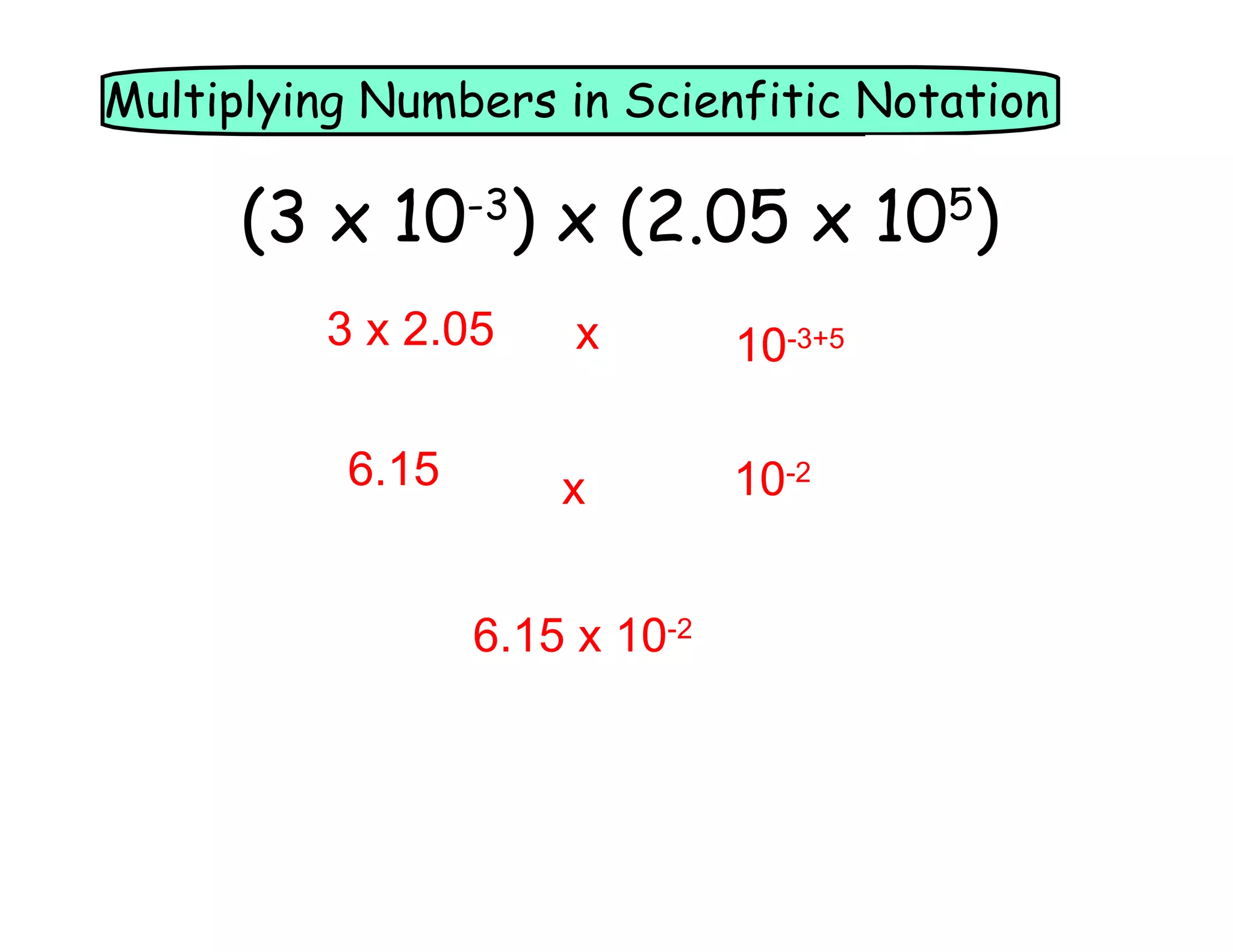 Multiplying Numbers in Scienfitic Notation
Scientific
(3 x 10 ) x (2.05 x 10 )
-3
3 x 2.05
6.15
5
x
10-3+5
x
10-2
6.15 x 10-2