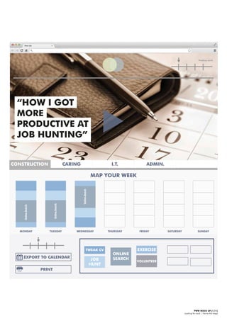 PWW MOCK UP [1.11]
Looking for work | Name the stage
OnlineSearch
OnlineSearch
OnlineSearch
MONDAY TUESDAY WEDNESDAY THURSDAY FRIDAY SATURDAY SUNDAY
Finding work
“HOW I GOT
MORE
PRODUCTIVE AT
JOB HUNTING”
EXPORT TO CALENDAR
MAP YOUR WEEK
PRINT
TWEAK CV
JOB
HUNT
ONLINE
SEARCH
EXERCISE
VOLUNTEER
CONSTRUCTION CARING I.T. ADMIN.
 