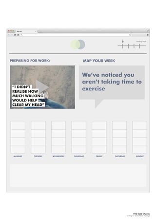 PWW MOCK UP [1.12]
Looking for work | Name the stage
MONDAY TUESDAY WEDNESDAY THURSDAY FRIDAY SATURDAY SUNDAY
Finding work
PREPARING FOR WORK: MAP YOUR WEEK
We’ve noticed you
aren’t taking time to
exercise“I DIDN’T
REALISE HOW
MUCH WALKING
WOULD HELP
CLEAR MY HEAD”
 