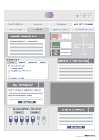 PWW MOCK UP [3.6b]
Tools for Freelancers and Start Ups | Management
...
M T W T F S S
In and Out of Work
HOW MUCH MONEY IS ENOUGH?
FINANCIAL PLANNING TOOL
METHODS TO PLAN YOUR TIME
THINGS TO DO
DAILY WEEKLY MONTHLY YEARLY
Contact with John
Call the printer
Daughter’s performance
ACTIVITIES TO ADD
HAVE YOU THOUGHT ABOUT YOUR HOLIDAY?
PLAN FOR YOURSELF
TOOLS TO GET OFFLINE
RESOURCES
HAVE YOU HAVE TIME TO RELAX?
RESOURCES
PHONEEMAIL
NEXT
MONTH
PAST
MONTH
IN SURPLUS
IN DEFICIT
ExpensesIncomes
FoodRent
Project A
THIS
MONTH
NEXT
MONTH
Expected
COMMUNICATION BLACKOUT
CONSTRUCTION CARING CLEANING WEB DEVELOPMENT
CONTRACTED START UP SELF EMPLOYED SUB CONTRACTED
 