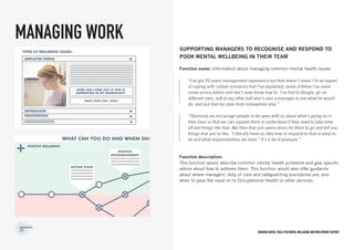 Creating digital tools for mental Wellbeing and employment support
Supporting managers to recognise and respond to
poor mental wellbeing IN their team
Function name: Information about managing common mental health issues
Function description:
This function would describe common mental health problems and give specific
advice about how to address them. This function would also offer guidance
about where managers’ duty of care and safeguarding boundaries are, and
when to pass the issue on to Occupational Health or other services.  
MANAGING WORK
“I’ve got 20 years management experience but that doesn’t mean I’m an expert
at coping with certain scenarios that I’ve explained, some of these I’ve never
come across before and don’t even know how to. I’ve had to Google, go on
different sites, talk to my other half who’s also a manager to see what he would
do, and just find my steer from somewhere else.”
“Obviously we encourage people to be open with us about what’s going on in
their lives so that we can support them or understand if they need to take time
off and things like that. But then that just opens doors for them to go and tell you
things that you’re like, “I literally have no idea how to respond to that or what to
do and what responsibilities we have.” It’s a lot of pressure.”
 