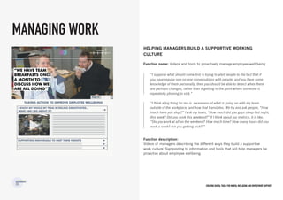 Creating digital tools for mental Wellbeing and employment support
Helping managers build a supportive working
culture
Function name: Videos and tools to proactively manage employee-well being
Function description:
Videos of managers describing the different ways they build a supportive
work culture. Signposting to information and tools that will help managers be
proactive about employee wellbeing.
MANAGING WORK
“I suppose what should come first is trying to alert people to the fact that if
you have regular one-on-one conversations with people, and you have some
knowledge of them personally, then you should be able to detect when there
are perhaps changes, rather than it getting to the point where someone is
repeatedly phoning in sick.”
“I think a big thing for me is awareness of what is going on with my team
outside of the workplace, and how that translates. We try and ask people, “How
much have you slept?” I ask my team, “How much did you guys sleep last night,
this week? Did you work this weekend?” If I think about our metrics, it is like,
“Did you work at all on the weekend? How much time? How many hours did you
work a week? Are you getting sick?””
 