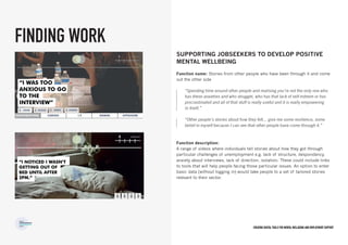 Creating digital tools for mental Wellbeing and employment support
Supporting jobseekers to develop positive
mental wellbeing
Function name: Stories from other people who have been through it and come
out the other side
Function description:
A range of videos where individuals tell stories about how they got through
particular challenges of unemployment e.g. lack of structure, despondency,
anxiety about interviews, lack of direction, isolation. These could include links
to tools that will help people facing those particular issues. An option to enter
basic data (without logging in) would take people to a set of tailored stories
relevant to their sector.
FINDING WORK
“Spending time around other people and realising you’re not the only one who
has these anxieties and who struggle, who has that lack of self-esteem or has
procrastinated and all of that stuff is really useful and it is really empowering
in itself.”
“Other people’s stories about how they felt... give me some resilience, some
belief in myself because I can see that other people have come through it.”
 