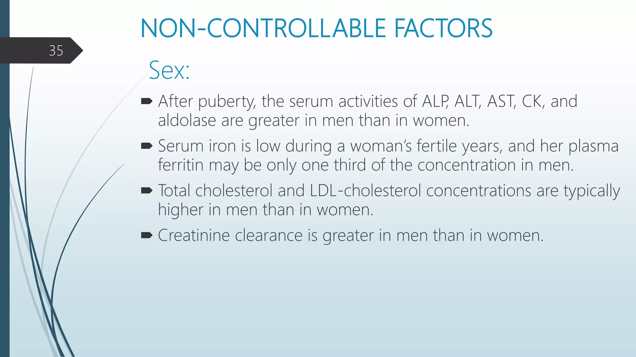 NON-CONTROLLABLE FACTORS
 After puberty, the serum activities of ALP, ALT, AST, CK, and
aldolase are greater in men than in women.
 Serum iron is low during a woman’s fertile years, and her plasma
ferritin may be only one third of the concentration in men.
 Total cholesterol and LDL-cholesterol concentrations are typically
higher in men than in women.
 Creatinine clearance is greater in men than in women.
Sex:
35
 