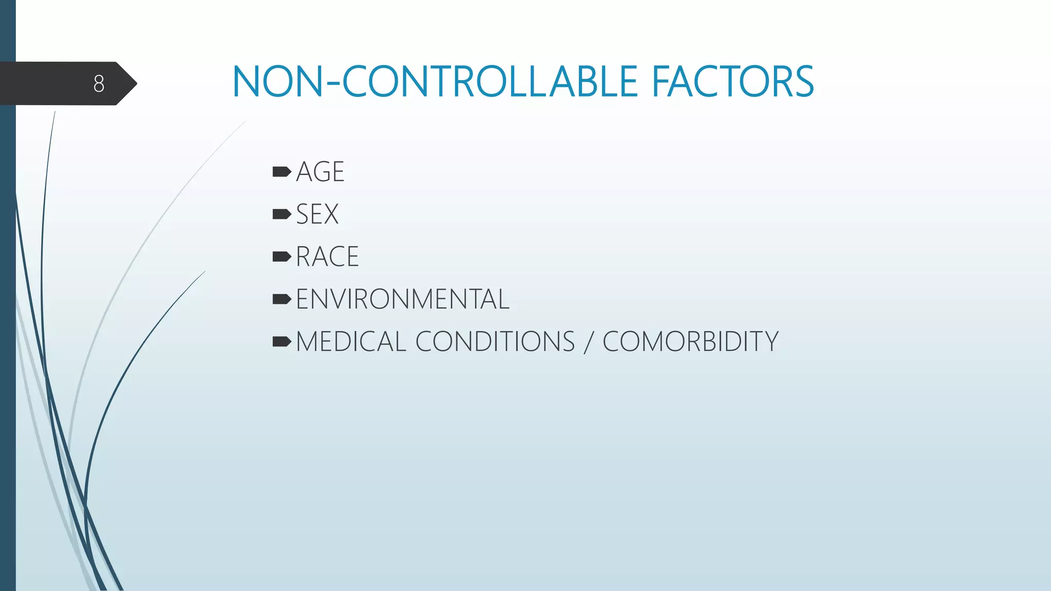 NON-CONTROLLABLE FACTORS
AGE
SEX
RACE
ENVIRONMENTAL
MEDICAL CONDITIONS / COMORBIDITY
8
 