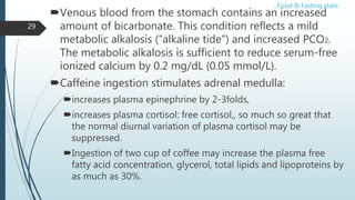 Venous blood from the stomach contains an increased
amount of bicarbonate. This condition reflects a mild
metabolic alkalosis (“alkaline tide”) and increased PCO2.
The metabolic alkalosis is sufficient to reduce serum-free
ionized calcium by 0.2 mg/dL (0.05 mmol/L).
Caffeine ingestion stimulates adrenal medulla:
increases plasma epinephrine by 2-3folds,
increases plasma cortisol: free cortisol,, so much so great that
the normal diurnal variation of plasma cortisol may be
suppressed.
Ingestion of two cup of coffee may increase the plasma free
fatty acid concentration, glycerol, total lipids and lipoproteins by
as much as 30%.
29
…Food & Fasting state
 