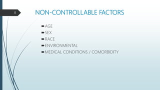 NON-CONTROLLABLE FACTORS
AGE
SEX
RACE
ENVIRONMENTAL
MEDICAL CONDITIONS / COMORBIDITY
8
 