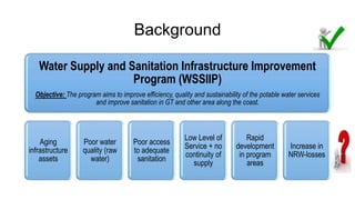 Background
Water Supply and Sanitation Infrastructure Improvement
Program (WSSIIP)
Objective: The program aims to improve efficiency, quality and sustainability of the potable water services
and improve sanitation in GT and other area along the coast.
Aging
infrastructure
assets
Poor water
quality (raw
water)
Poor access
to adequate
sanitation
Low Level of
Service + no
continuity of
supply
Rapid
development
in program
areas
Increase in
NRW-losses
 