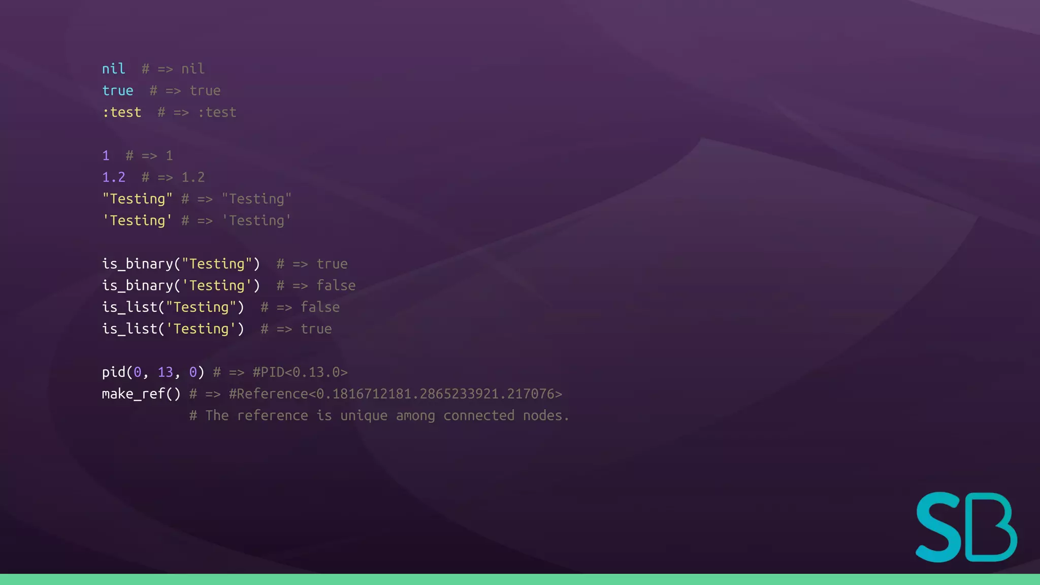 nil # => nil
true # => true
:test # => :test
1 # => 1
1.2 # => 1.2
"Testing" # => "Testing"
'Testing' # => 'Testing'
is_binary("Testing") # => true
is_binary('Testing') # => false
is_list("Testing") # => false
is_list('Testing') # => true
pid(0, 13, 0) # => #PID<0.13.0>
make_ref() # => #Reference<0.1816712181.2865233921.217076>
# The reference is unique among connected nodes.
 