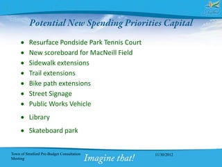 Resurface Pondside Park Tennis Court
          New scoreboard for MacNeill Field
          Sidewalk extensions
          Trail extensions
          Bike path extensions
          Street Signage
          Public Works Vehicle
          Library
          Skateboard park


Town of Stratford Pre-Budget Consultation        11/30/2012
Meeting
 