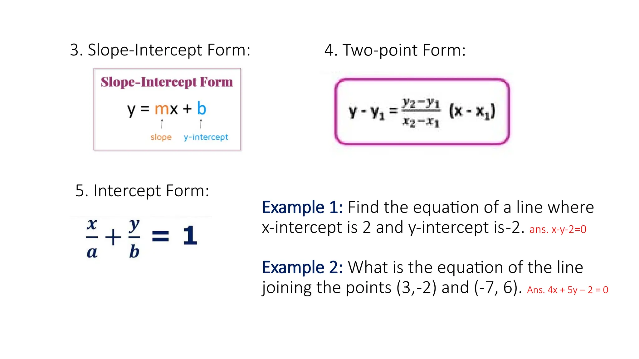 3. Slope-Intercept Form:
5. Intercept Form:
4. Two-point Form:
Example 1: Find the equation of a line where
x-intercept is 2 and y-intercept is-2. ans. x-y-2=0
Example 2: What is the equation of the line
joining the points (3,-2) and (-7, 6). Ans. 4x + 5y – 2 = 0
 