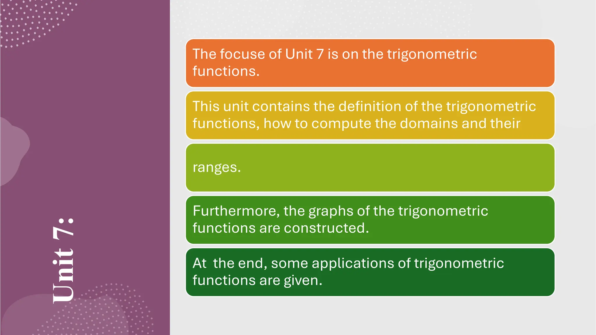 Unit
7: The focuse of Unit 7 is on the trigonometric
functions.
This unit contains the definition of the trigonometric
functions, how to compute the domains and their
ranges.
Furthermore, the graphs of the trigonometric
functions are constructed.
At the end, some applications of trigonometric
functions are given.
 