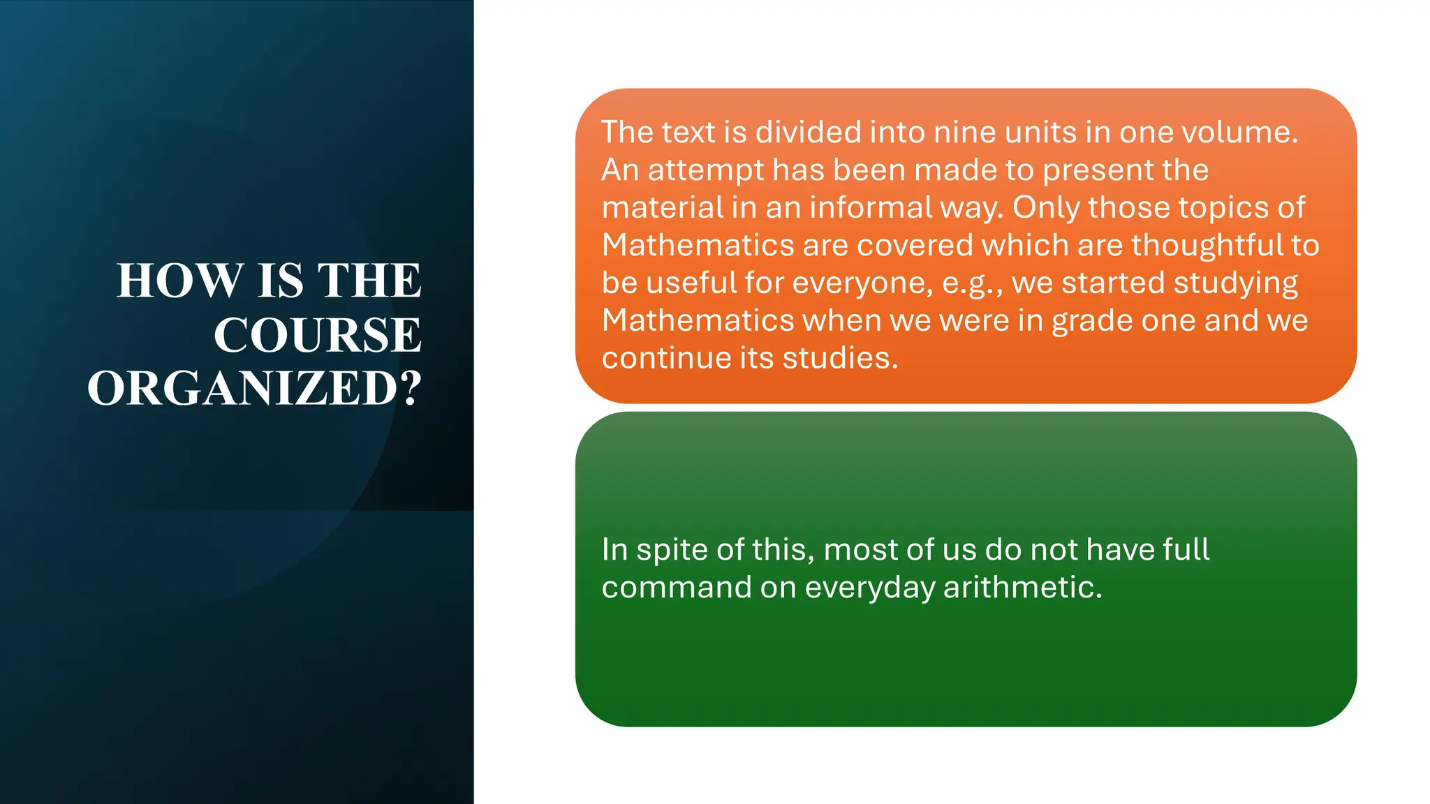 HOW IS THE
COURSE
ORGANIZED?
The text is divided into nine units in one volume.
An attempt has been made to present the
material in an informal way. Only those topics of
Mathematics are covered which are thoughtful to
be useful for everyone, e.g., we started studying
Mathematics when we were in grade one and we
continue its studies.
In spite of this, most of us do not have full
command on everyday arithmetic.
 