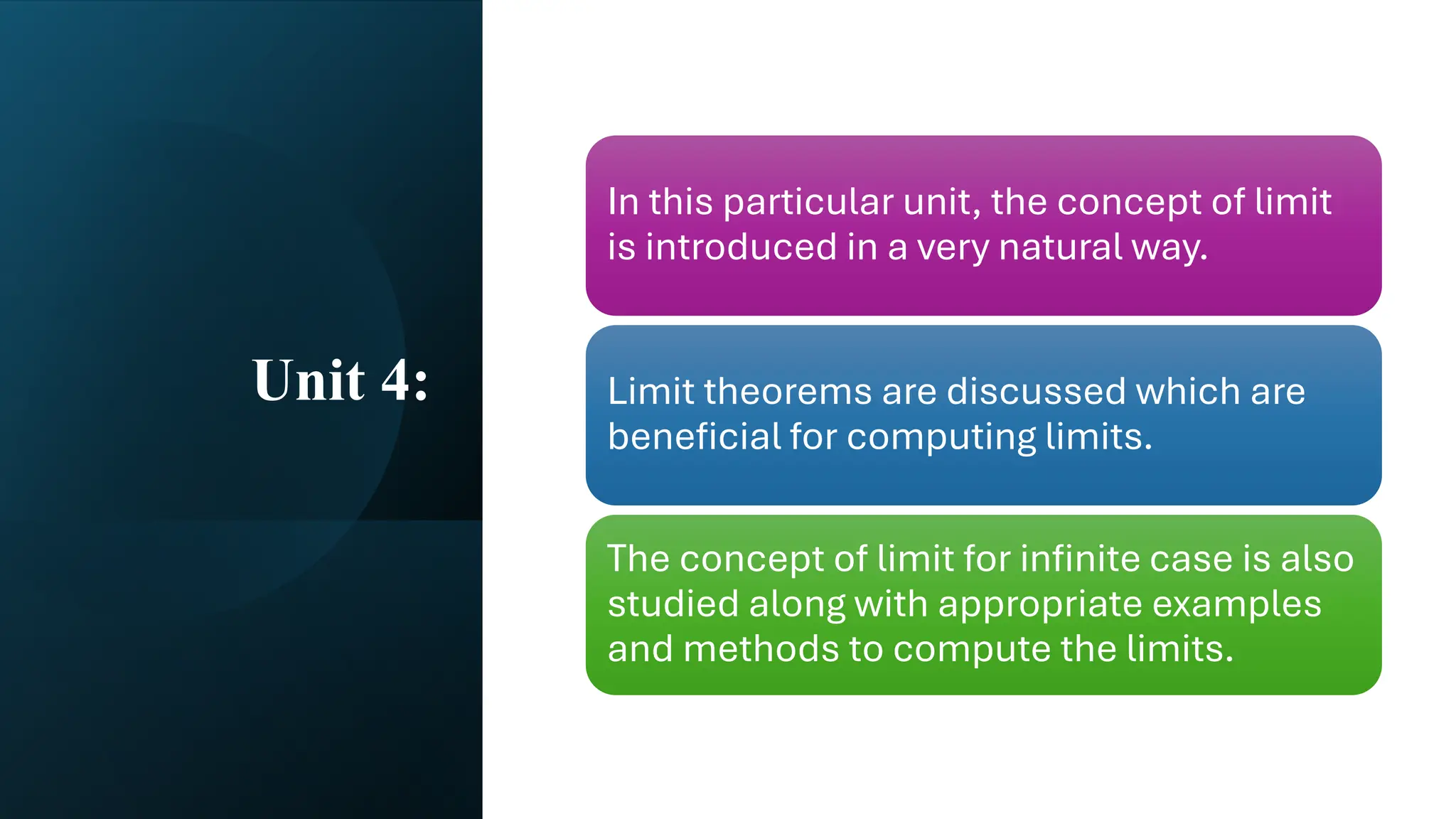 Unit 4:
In this particular unit, the concept of limit
is introduced in a very natural way.
Limit theorems are discussed which are
beneficial for computing limits.
The concept of limit for infinite case is also
studied along with appropriate examples
and methods to compute the limits.
 
