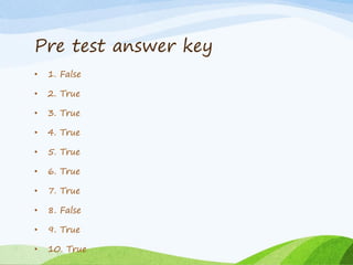 Pre test answer key
• 1. False
• 2. True
• 3. True
• 4. True
• 5. True
• 6. True
• 7. True
• 8. False
• 9. True
• 10. True
 