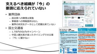 • 業界団体
– 政治家への陳情は実施
– 事業者への情報提供はなし
– 業界の状況をデータとして把握出来ていない
• 国土交通省
– 1.7兆円のGoToキャンペーン
– 中国人観光客が減ったタイミングでの立案
– 「今」に響かない
支えるべき組織が「今」の
要請に応えられていない
7
 