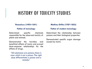HISTORY OF TOXICITY STUDIES
Paracelsus (1493–1541)
Father of toxicology
Determined specific chemicals
responsible for the observed toxicity of
plants and animals.
Demonstrated the harmless and
beneficial effects of toxins and proved
dose-response relationships for the
effects of drugs.
“All substances are poisons; there is
none which is not a poison. The right
dose differentiates a poison and a
remedy.”
Mathieu Orfila (1787–1853)
Father of modern toxicology
Determined the relationship between
poisons and their biological properties
Demonstrated specific organ damage
caused by toxins
13
 