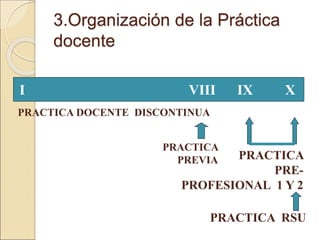 3.Organización de la Práctica
docente
I VIII IX X
PRACTICA DOCENTE DISCONTINUA
PRACTICA
PREVIA PRACTICA
PRE-
PROFESIONAL 1 Y 2
PRACTICA RSU
 