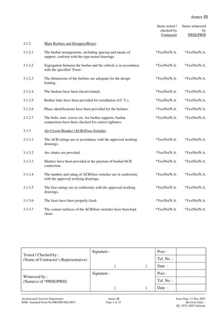 Annex III
Signature - Post :
Tel. No. :
Tested / Checked by :
(Name of Contractor’s Representative)
( ) Date :
Signature - Post :
Tel. No. :
Witnessed by :
(Name(s) of *PBSE/PBSI)
( ) Date :
Architectural Services Department Annex III Issue Date: 17 Dec 2007
BSB– Standard Form No:PBS/SR.066(2007) Page 3 of 25 Revision Date: -
EE_TCP (2007 Edition)
Items tested /
checked by
Contractor
Items witnessed
by
PBSE/PBSI
3.1.2 Main Busbars and Droppers/Risers
3.1.2.1 The busbar arrangements, including spacing and means of
support, conform with the type-tested drawings.
*Yes/No/N.A. *Yes/No/N.A.
3.1.2.2 Segregation between the busbar and the cubicle is in accordance
with the specified ‘Form’.
*Yes/No/N.A. *Yes/No/N.A.
3.1.2.3 The dimensions of the busbars are adequate for the design
loading.
*Yes/No/N.A. *Yes/No/N.A.
3.1.2.4 The busbars have been electro-tinned. *Yes/No/N.A. *Yes/No/N.A.
3.1.2.5 Busbar links have been provided for installation of C.T.s. *Yes/No/N.A. *Yes/No/N.A.
3.1.2.6 Phase identifications have been provided for the busbars. *Yes/No/N.A. *Yes/No/N.A.
3.1.2.7 The bolts, nuts, screws etc. for busbar supports, busbar
connections have been checked for correct tightness.
*Yes/No/N.A. *Yes/No/N.A.
3.1.3 Air Circuit Breaker (ACB)/Fuse Switches
3.1.3.1 The ACB ratings are in accordance with the approved working
drawings.
*Yes/No/N.A. *Yes/No/N.A.
3.1.3.2 Arc chutes are provided. *Yes/No/N.A. *Yes/No/N.A.
3.1.3.3 Shutters have been provided at the junction of busbar/ACB
connection.
*Yes/No/N.A. *Yes/No/N.A.
3.1.3.4 The number and rating of ACB/fuse switches are in conformity
with the approved working drawings.
*Yes/No/N.A. *Yes/No/N.A.
3.1.3.5 The fuse ratings are in conformity with the approved working
drawings.
*Yes/No/N.A. *Yes/No/N.A.
3.1.3.6 The fuses have been properly fixed. *Yes/No/N.A. *Yes/No/N.A.
3.1.3.7 The contact surfaces of the ACB/fuse switches have been kept
clean.
*Yes/No/N.A. *Yes/No/N.A.
 