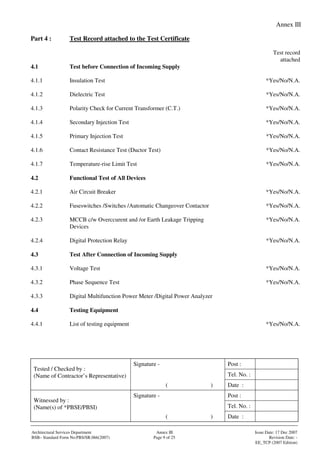 Annex III
Signature - Post :
Tel. No. :
Tested / Checked by :
(Name of Contractor’s Representative)
( ) Date :
Signature - Post :
Tel. No. :
Witnessed by :
(Name(s) of *PBSE/PBSI)
( ) Date :
Architectural Services Department Annex III Issue Date: 17 Dec 2007
BSB– Standard Form No:PBS/SR.066(2007) Page 9 of 25 Revision Date: -
EE_TCP (2007 Edition)
Part 4 : Test Record attached to the Test Certificate
Test record
attached
4.1 Test before Connection of Incoming Supply
4.1.1 Insulation Test *Yes/No/N.A.
4.1.2 Dielectric Test *Yes/No/N.A.
4.1.3 Polarity Check for Current Transformer (C.T.) *Yes/No/N.A.
4.1.4 Secondary Injection Test *Yes/No/N.A.
4.1.5 Primary Injection Test *Yes/No/N.A.
4.1.6 Contact Resistance Test (Ductor Test) *Yes/No/N.A.
4.1.7 Temperature-rise Limit Test *Yes/No/N.A.
4.2 Functional Test of All Devices
4.2.1 Air Circuit Breaker *Yes/No/N.A.
4.2.2 Fuseswitches /Switches /Automatic Changeover Contactor *Yes/No/N.A.
4.2.3 MCCB c/w Overccurent and /or Earth Leakage Tripping
Devices
*Yes/No/N.A.
4.2.4 Digital Protection Relay *Yes/No/N.A.
4.3 Test After Connection of Incoming Supply
4.3.1 Voltage Test *Yes/No/N.A.
4.3.2 Phase Sequence Test *Yes/No/N.A.
4.3.3 Digital Multifunction Power Meter /Digital Power Analyzer
4.4 Testing Equipment
4.4.1 List of testing equipment *Yes/No/N.A.
 