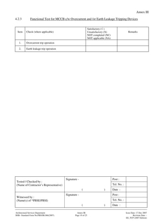 Annex III
Signature - Post :
Tel. No. :
Tested / Checked by :
(Name of Contractor’s Representative)
( ) Date :
Signature - Post :
Tel. No. :
Witnessed by :
(Name(s) of *PBSE/PBSI)
( ) Date :
Architectural Services Department Annex III Issue Date: 17 Dec 2007
BSB– Standard Form No:PBS/SR.066(2007) Page 19 of 25 Revision Date: -
EE_TCP (2007 Edition)
4.2.3 Functional Test for MCCB c/w Overcurrent and /or Earth Leakage Tripping Devices
Item Check (where applicable)
Satisfactory (√ )
Unsatisfactory (X)
NOT completed (NC)
NOT applicable (NA)
Remarks
1. Overcurrent trip operation
2. Earth leakage trip operation
 