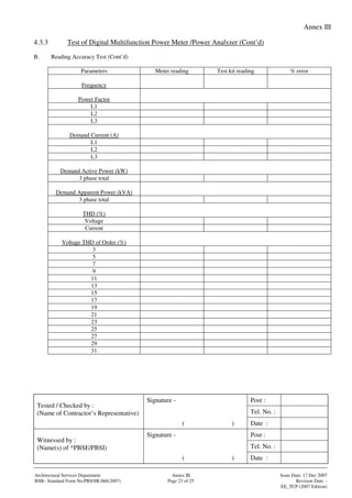 Annex III
Signature - Post :
Tel. No. :
Tested / Checked by :
(Name of Contractor’s Representative)
( ) Date :
Signature - Post :
Tel. No. :
Witnessed by :
(Name(s) of *PBSE/PBSI)
( ) Date :
Architectural Services Department Annex III Issue Date: 17 Dec 2007
BSB– Standard Form No:PBS/SR.066(2007) Page 23 of 25 Revision Date: -
EE_TCP (2007 Edition)
4.3.3 Test of Digital Multifunction Power Meter /Power Analyzer (Cont’d)
B. Reading Accuracy Test (Cont’d)
Parameters Meter reading Test kit reading % error
Frequency
Power Factor
L1
L2
L3
Demand Current (A)
L1
L2
L3
Demand Active Power (kW)
3 phase total
Demand Apparent Power (kVA)
3 phase total
THD (%)
Voltage
Current
Voltage THD of Order (%)
3
5
7
9
11
13
15
17
19
21
23
25
27
29
31
 