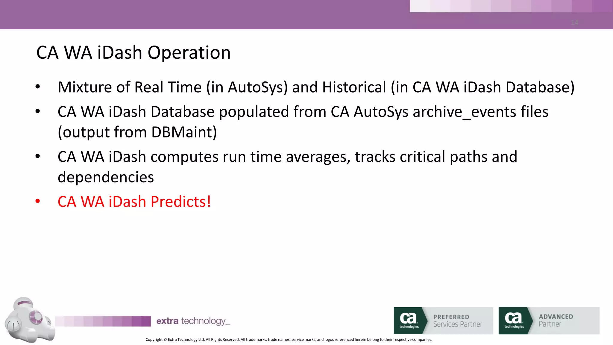 Copyright © Extra Technology Ltd. All Rights Reserved. All trademarks, trade names, service marks, and logos referenced herein belong to their respective companies.
14
SLA Basics
• What is an SLA?
– Deadline
– Start Deadline
– End Deadline
– Or Both
– Based on a Job Run
 