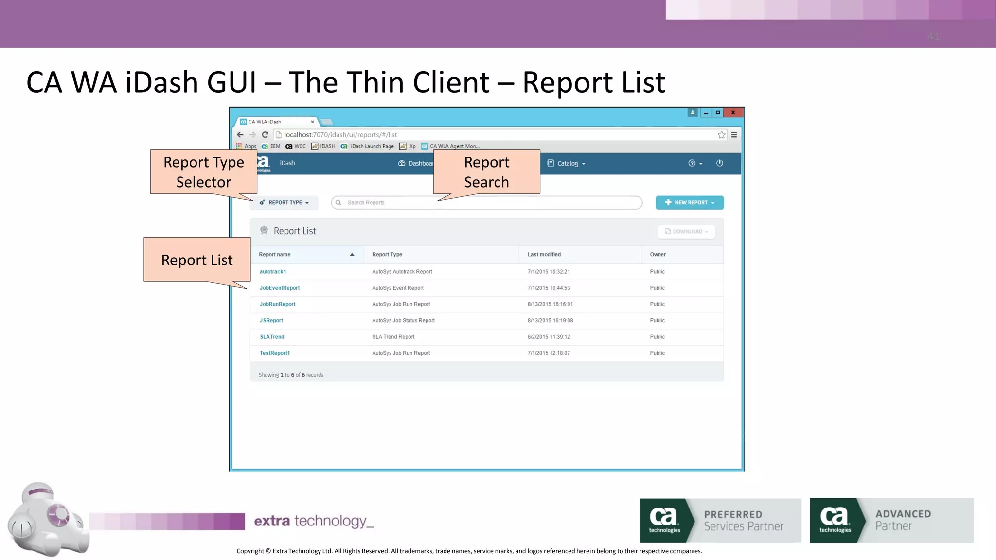 Copyright © Extra Technology Ltd. All Rights Reserved. All trademarks, trade names, service marks, and logos referenced herein belong to their respective companies.
41
CA WA iDash GUI – The Thin Client – Report Download
Report
Parameters
Format
Selector
 