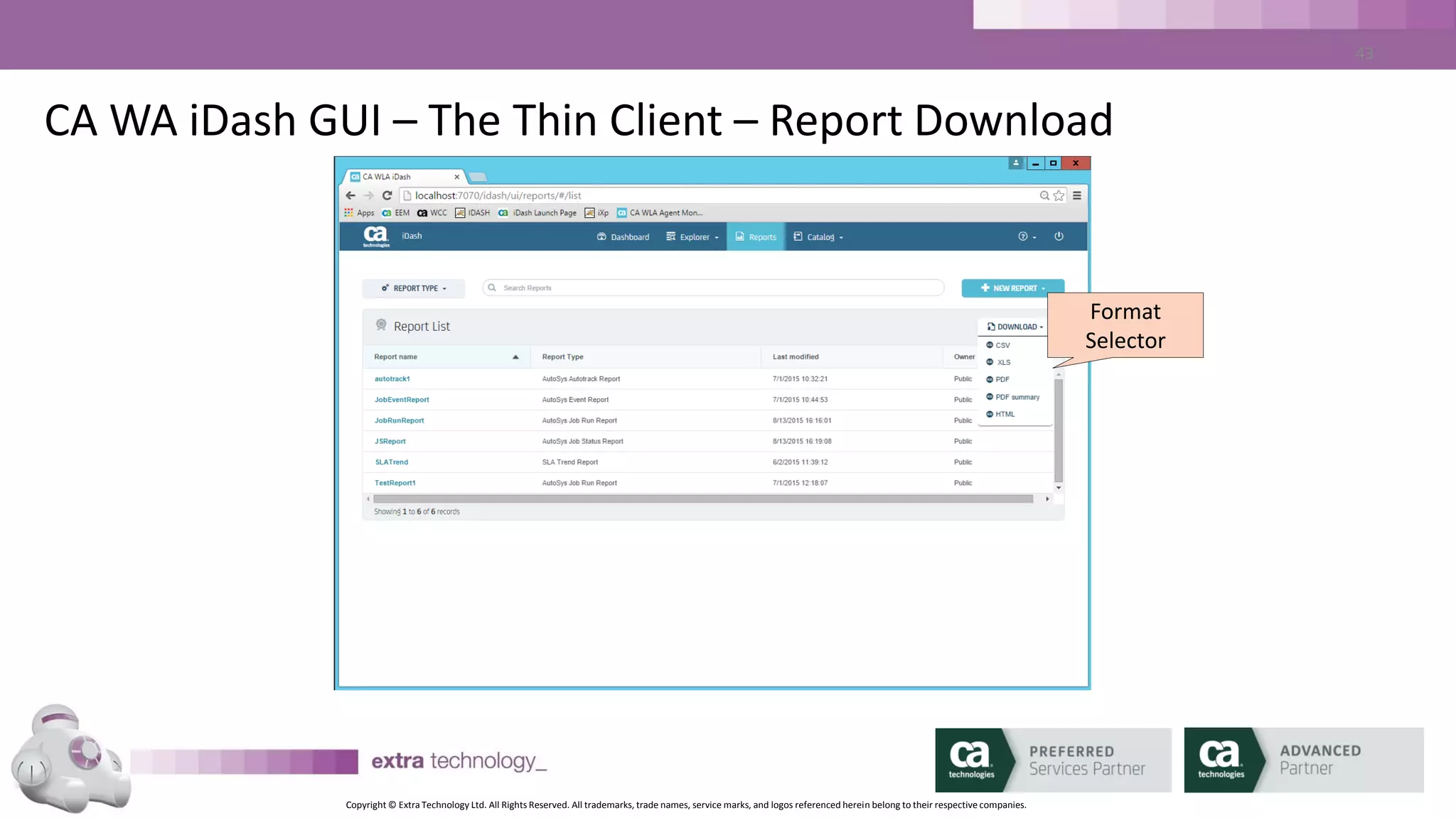 Copyright © Extra Technology Ltd. All Rights Reserved. All trademarks, trade names, service marks, and logos referenced herein belong to their respective companies.
43
CA WA iDash GUI – The Thin Client – SLA Definition
SLA Action
SLA
Parameters
 