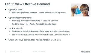 14 © 2015 CA. ALL RIGHTS RESERVED.@CAWORLD #CAWORLD
Lab 1: View Effective Demand
 Open CA SAM
– Start your preferred browser. Select SAM DEMO in top menu
 Open Effective Demand
– From Top menu select: Software -> Effective Demand
– Find the 3 rows for : Adobe Acrobat 8 Standard ger.
 Look at details
– Click on the Details link on one of the rows and select Installations
– See the individual Devices Adobe Acrobat 8 Std. German is found at
 Check Effective demand for Adobe Acrobat 8 Std. Ger.
 