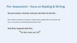 Pre- Assessment – focus on Reading & Writing
You pre-assess a learner and you ask them to do this..
How would you respond ...