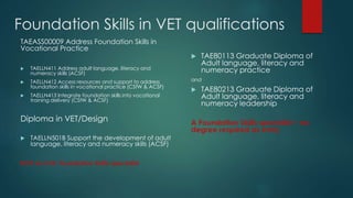 Foundation Skills in VET qualifications
TAEASS00009 Address Foundation Skills in
Vocational Practice
 TAELLN411 Address adult language, literacy and
numeracy skills (ACSF)
 TAELLN412 Access resources and support to address
foundation skills in vocational practice (CSfW & ACSF)
 TAELLN413 Integrate foundation skills into vocational
training delivery (CSfW & ACSF)
Diploma in VET/Design
 TAELLN501B Support the development of adult
language, literacy and numeracy skills (ACSF)
NOT an LLN/ Foundation Skills specialist
 TAE80113 Graduate Diploma of
Adult language, literacy and
numeracy practice
and
 TAE80213 Graduate Diploma of
Adult language, literacy and
numeracy leadership
A Foundation Skills specialist – no
degree required as entry
 