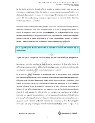 La  di
orien
objet
actor
involu
 
En la 
semin
espac
en ta
la  art
gestió
 
En  la
orien
Espa
 
La es
defin
escue
En  la
educa
el Mi
una v
vacan
forta
el  pe
incor
proye
educa
darse
istribución  a
ntaciones en 
to de trabajo
res  del  siste
ucradas, did
Formación E
narios, labor
cio de integr
reas vincula
ticulación  co
ón y previsió
a  segunda  p
ntaciones. 
acios par
structura cur
ición propia
ela, en el ma
a  estructura 
ativo será de
inisterio de 
vía para inco
ncia  relevan
lecer la ofer
erfil  de  cad
porar una se
ectos y/o tal
ación  sexua
e uso a esta 
al  interior  d
particular. 
o colectivo e
ma  educativ
áctica y curr
Específica se
ratorios. Par
ración teóric
das con la in
on  las  demá
ón de activida
parte  de  es
ra la opc
rricular hace
 en atención
rco de la po
básica  esta
efinido a nive
Educación. E
orporar en el
nte  desde  la
ta formativa
a  escuela. 
egunda leng
leres que fo
l,  educación
carga horar
Direcció
de  cada  año
Dicha distrib
en Mesas de
vo  y  equipos
ículum. 
e incluirán un
ra todas las 
co‐práctico d
ndagación, la
ás  asignatura
ades acorde
ste  docume
ción instit
e lugar a la 
n a la filosof
lítica educat
ablecida  se  i
el institucion
Este espacio
 currículum 
a  perspectiv
a en campos 
En  este  sen
ua extranjer
calicen en e
n  ambiental, 
ria para inten
n General de Pla
24 
o  de  estudi
bución se en
 Intercambio
s  de  especia
nidades curr
orientacione
del tipo Proy
a producción
as  a  las  cua
s a sus propó
ento  se  pres
tucional e
opción de la
fía, identidad
iva jurisdicci
incluye  una 
nal a partir d
 para la opc
contenidos a
va  institucion
que requier
ntido,  por  e
ra u ofrecer 
l tratamiento
educación 
nsificar el tie
neamiento Educ
Materi
o  se  establ
ncuentra en 
o por Orient
alistas  en  la 
riculares con
es en 5º año
yecto, con el 
n y/o la exten
ales  complem
ósitos forma
senta  un  av
en los cic
as institucio
d y proyecto
onal y nacio
suma  de  h
e lineamient
ción instituci
ausentes, re
nal,  o  bien,
ren mayor p
ejemplo,  un
espacios inte
o de conteni
del  consumi
empo de tra
cativo. Gerencia O
al para la consult
ecerá  para 
proceso de
tación, con la
enseñanza 
 diferentes f
o se incorpo
objeto de fo
nsión. Esta in
menta  e  inte
tivos particu
vance  del  d
clos básic
nes de desa
o formativo p
nal. 
oras  cátedra
tos generale
ional podrá 
solviendo de
,  como  una
rofundizació
na  escuela  p
egradores, m
idos transve
idor  u  otros
abajo escolar
Operativa de Cur
ta. En proceso de
15 de mayo 
cada  una  d
 definición y
a participaci
de  las  disci
formatos: ta
orará al men
ocalizar el tr
nstancia req
egra,  así  co
ulares. 
desarrollo  d
co y super
arrollar ofert
particular de
a  cuyo  cont
es a establece
entenderse 
e tal forma a
  alternativa
ón de acuerd
podría  cons
multidisciplin
rsales, tales 
s.  También  p
r en alguna 
rrículum 
e edición 
de 2013 
de  las 
y será 
ón de 
plinas 
lleres, 
nos un 
rabajo 
uerirá 
mo  la 
de  las 
rior
tas de 
e cada 
tenido 
er por 
como 
alguna 
  para 
do con 
iderar 
narios, 
como 
podría 
de las 
 