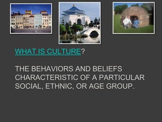 WHAT IS CULTURE?

THE BEHAVIORS AND BELIEFS
CHARACTERISTIC OF A PARTICULAR
SOCIAL, ETHNIC, OR AGE GROUP.
 