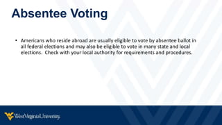 Absentee Voting
• Americans who reside abroad are usually eligible to vote by absentee ballot in
all federal elections and may also be eligible to vote in many state and local
elections. Check with your local authority for requirements and procedures.
 